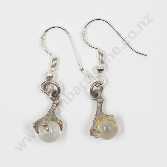 Pair S/S Single Clear Quartz Bead Eagle Claw Pendant Drop Earrings