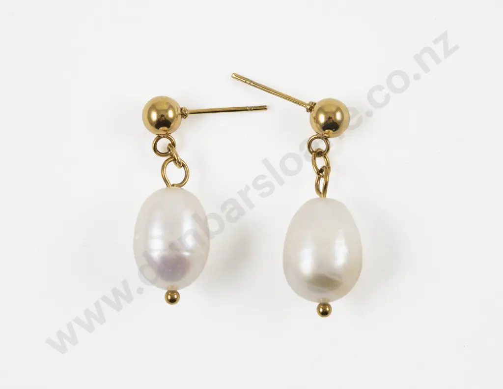 Pair Silver Gilt Single Fresh Water Pearl Pendant Drop Earrings Image 1++