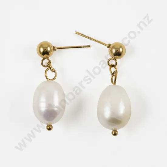 Pair Silver Gilt Single Fresh Water Pearl Pendant Drop Earrings
