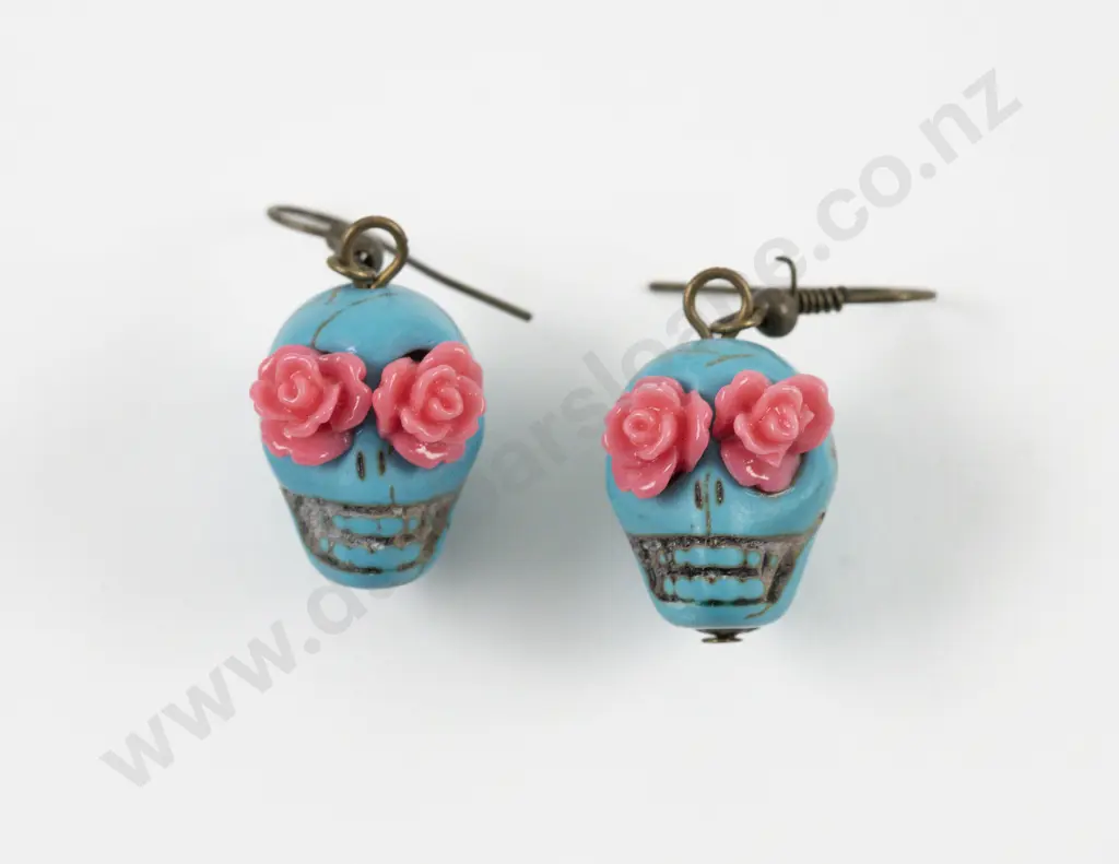 Pair Howlite Turquoise 'Day of The Dead' Sugar Skull Earrings Image 1++
