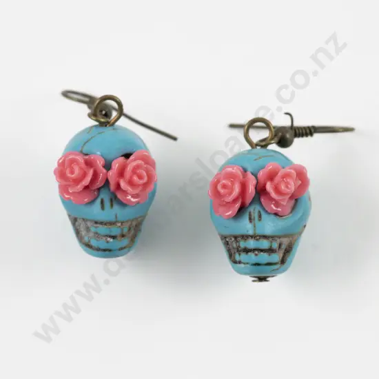 Pair Howlite Turquoise 'Day of The Dead' Sugar Skull Earrings