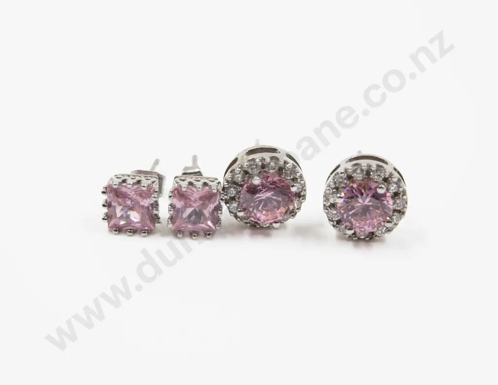 Two Pairs S/S Single Stone Clear Crystal Stud Earrings Image 1++