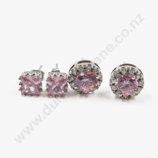 Two Pairs S/S Single Stone Clear Crystal Stud Earrings