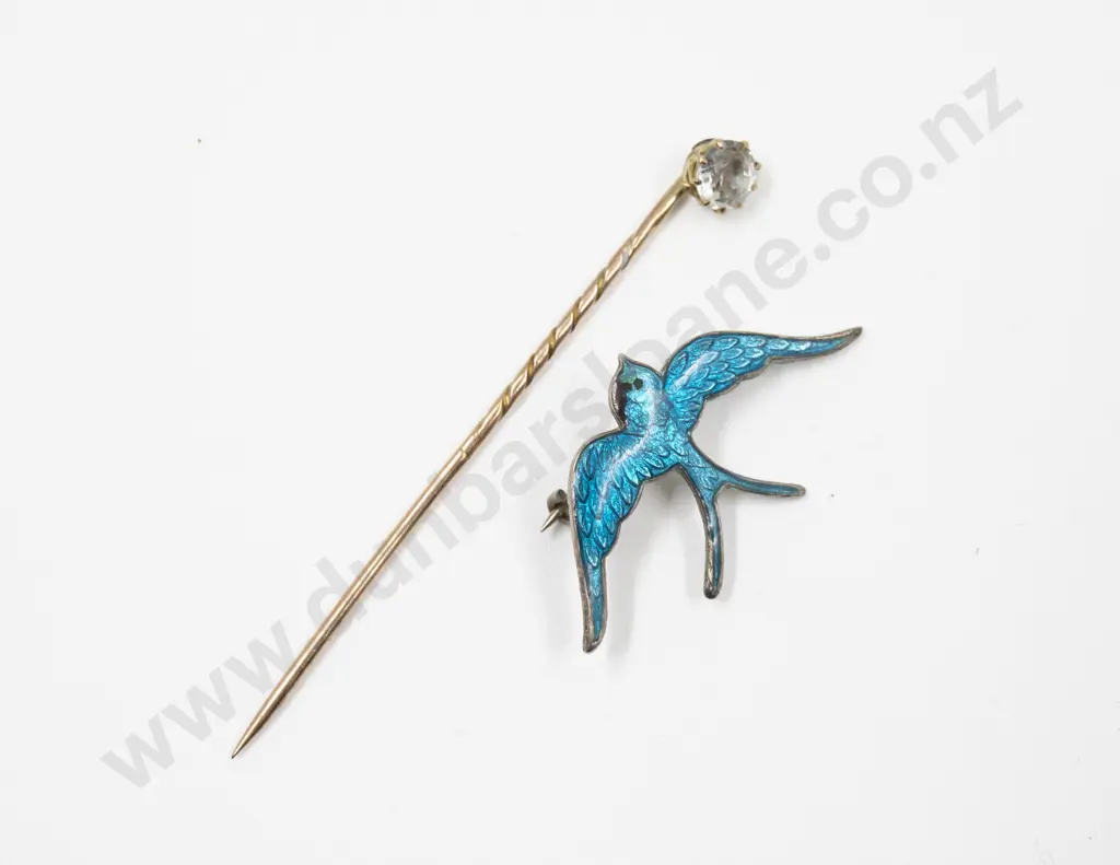9ct Single Crystal Stone Stick Pin with S/S and Enamel Swallow Brooch Image 1++