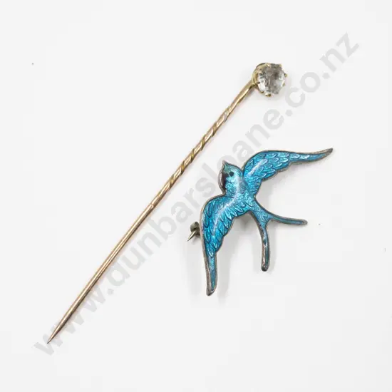 9ct Single Crystal Stone Stick Pin with S/S and Enamel Swallow Brooch