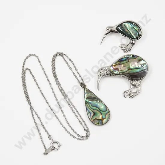 Two NZ Paua Kiwi Brooches with Paua Pendant on Neck Chain