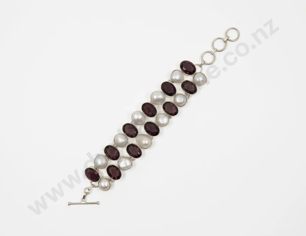 S/S Amethyst Crystal and Pearl Bracelet Image 1++