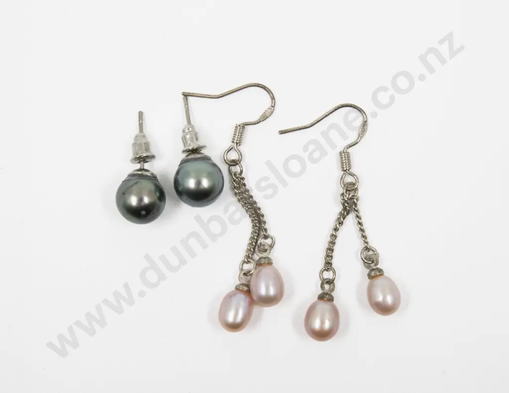 Pair S/S Two Fresh Water Pearl Pendant Drop Earrings with Other Image 1++