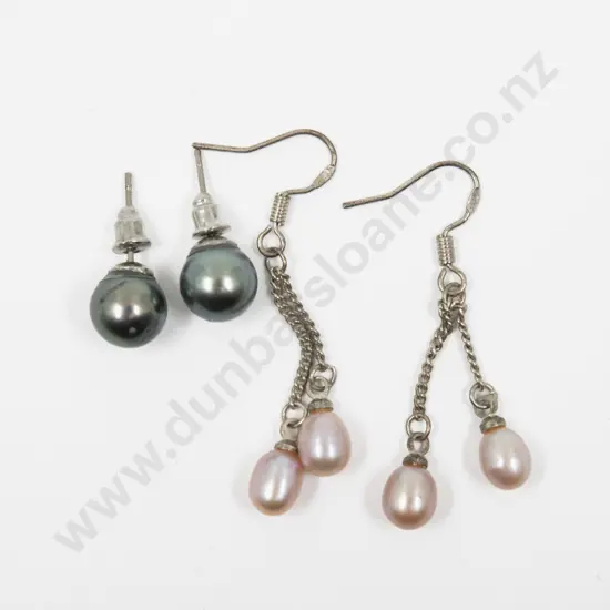 Pair S/S Two Fresh Water Pearl Pendant Drop Earrings with Other
