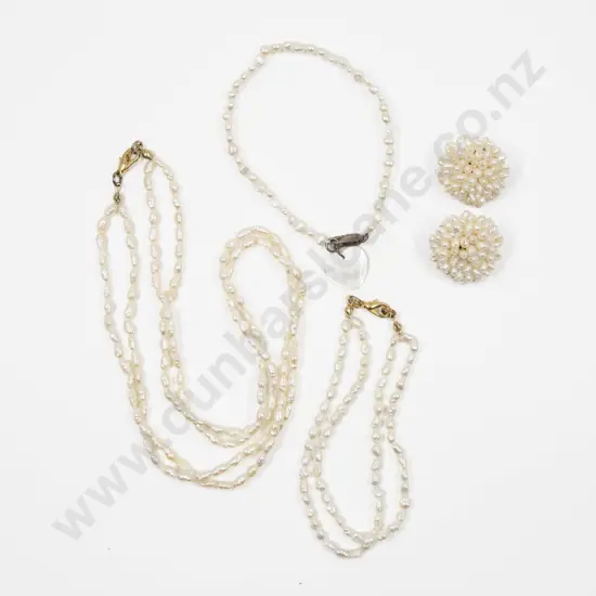 Double Strand Uniform Fresh Water Pearl Necklace with Two Bracelets and Pair Clip On Earrings