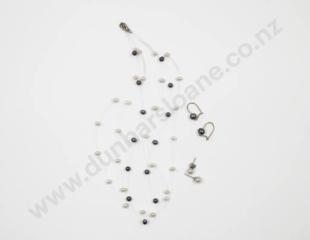 Triple Strand Fresh Water Pearl Necklace with Two Pairs of Pearl Earrings Image 1++