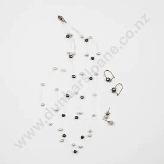 Triple Strand Fresh Water Pearl Necklace with Two Pairs of Pearl Earrings