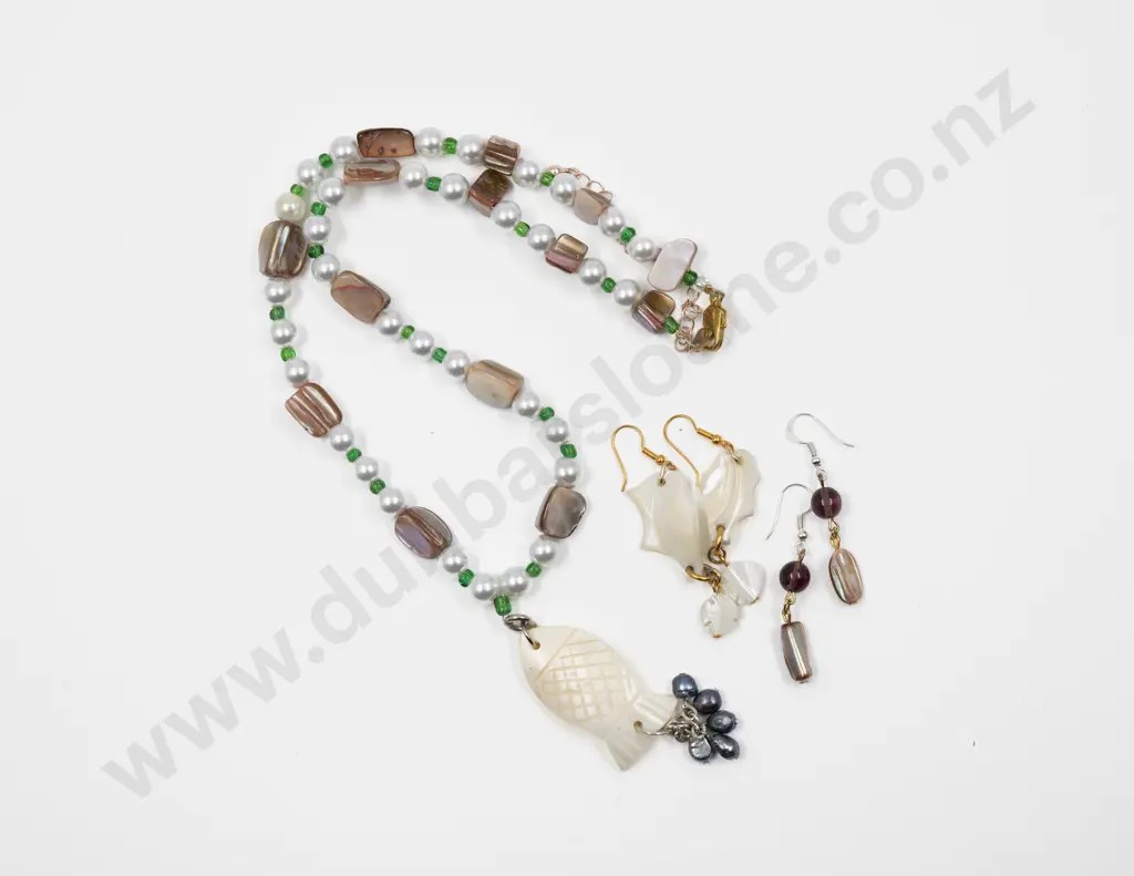 MOP Fish Pendant on Single Strand Paua and Faux Pearl Neck Chain with Two Pairs of Earrings Image 1++
