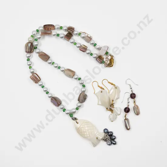 MOP Fish Pendant on Single Strand Paua and Faux Pearl Neck Chain with Two Pairs of Earrings