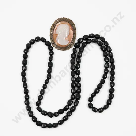 Vintage Classical Portrait Cameo Brooch with Single Strand Black Bead Necklace