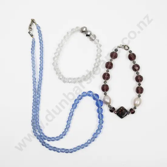 Single Strand Blue Crystal Bead Necklace with Two Bracelets