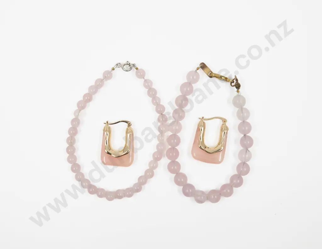 Two Rose Quartz Bracelets and Pair Earrings Image 1++