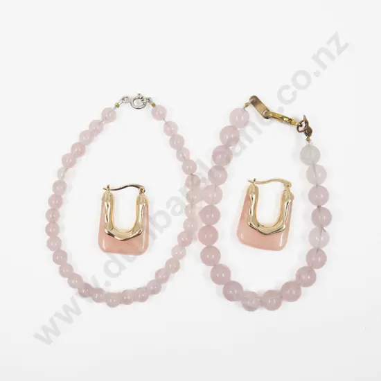 Two Rose Quartz Bracelets and Pair Earrings