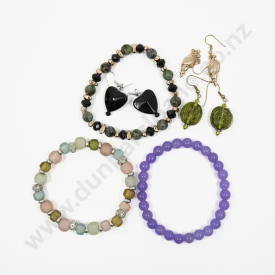 Three Semi-Precious Gem Stone Bracelets with Three Pendant Drop Earrings