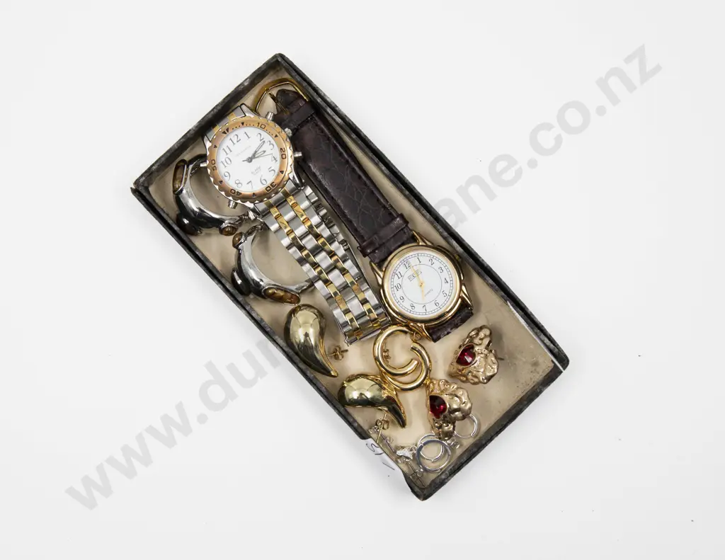 Collection of Assorted Gold and Silver Plated Earrings with Two Wrist Watches Image 1++