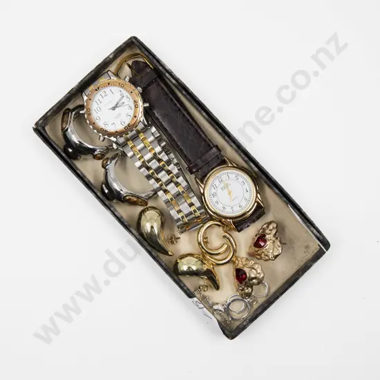Collection of Assorted Gold and Silver Plated Earrings with Two Wrist Watches