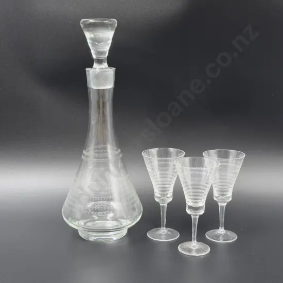 Etched Glass Decanter & Three Matching Glasses