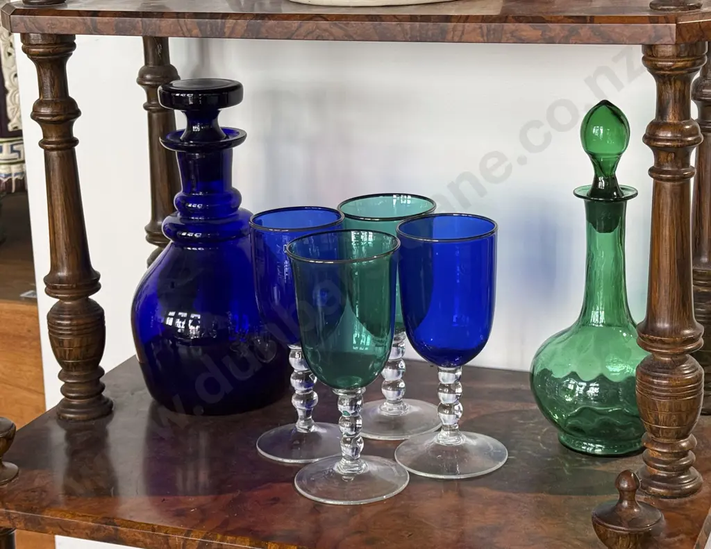 Four Giovanni Art Glass Goblets together with Two Coloured Glass Decanters Image 1++