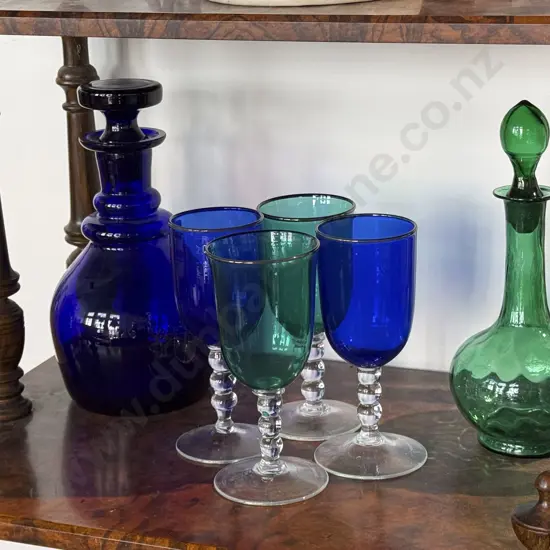 Four Giovanni Art Glass Goblets together with Two Coloured Glass Decanters
