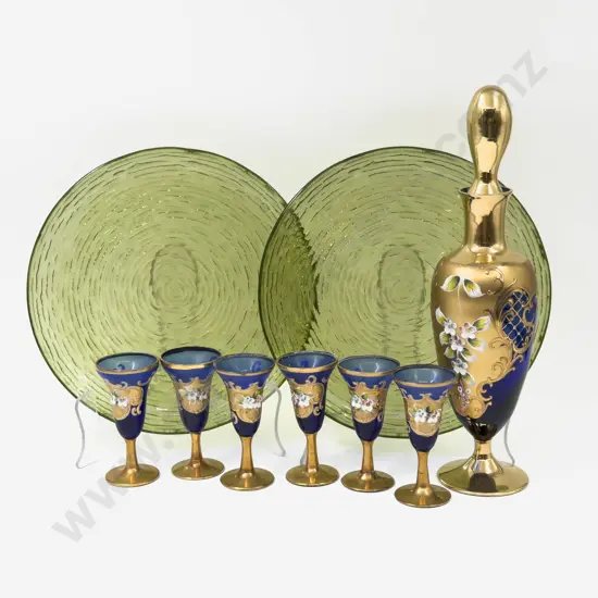 Venetian Glass Decanter & Six Matching Liqueur Glasses with Two Art Glass Plates