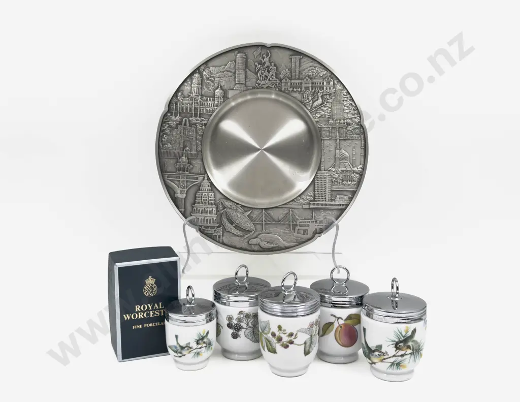 Four Assorted Royal Worcester Egg Coddlers on Pewter Plate Image 1++