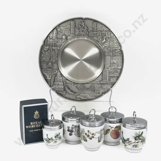 Four Assorted Royal Worcester Egg Coddlers on Pewter Plate