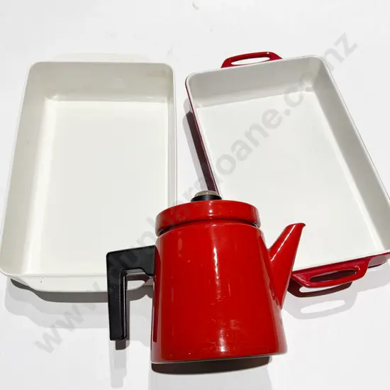 Finel Arabia Coffee Pot together with Two Cast Iron Enamel Dishes