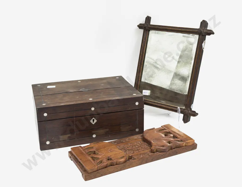 Vintage Inlaid Work Box together with Book Stand & Small Mirror Image 1++