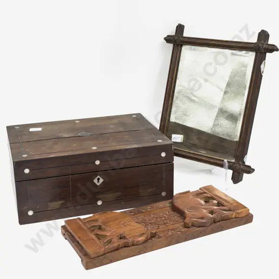 Vintage Inlaid Work Box together with Book Stand & Small Mirror