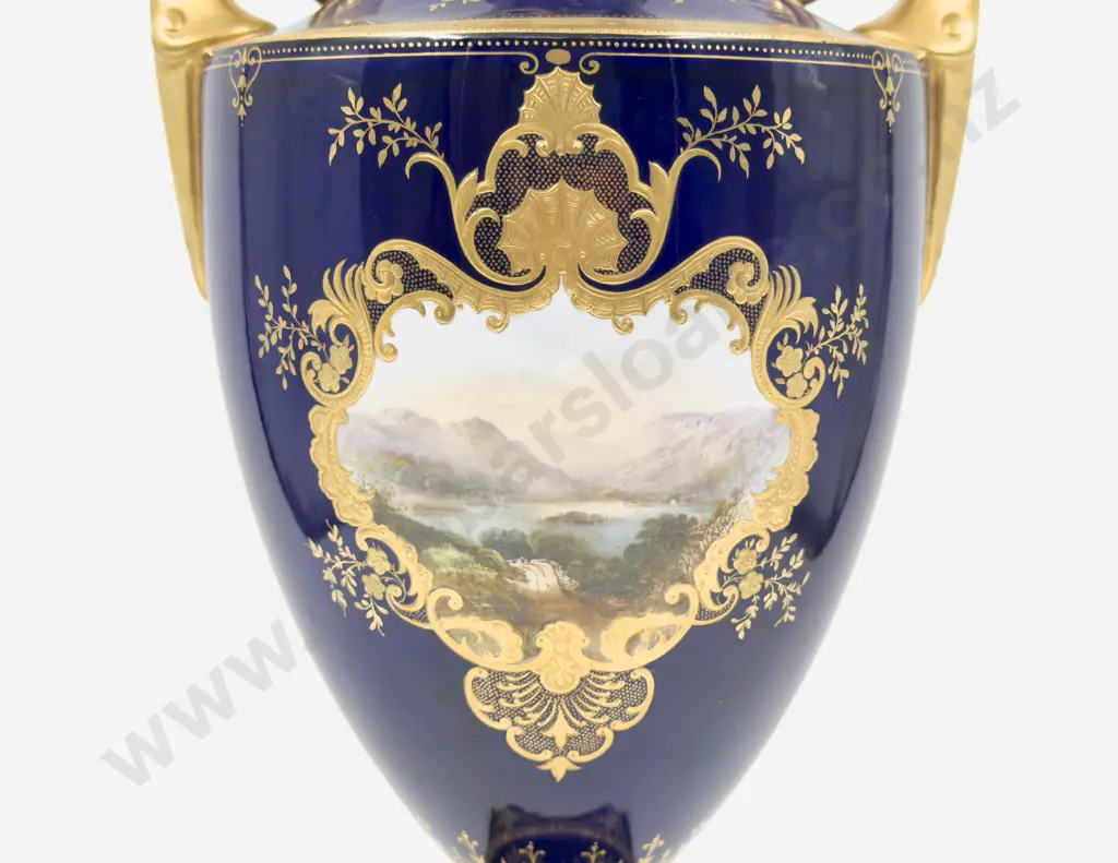 Signed Coalport Cobalt Blue & Gilt Decorated Lidded Urn "Warwick Castle" Image 1++