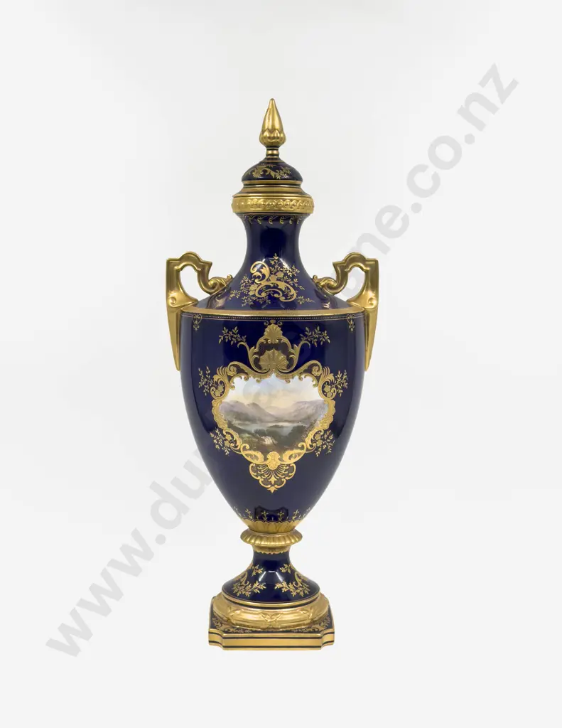 Signed Coalport Cobalt Blue & Gilt Decorated Lidded Urn "Warwick Castle" Image 1++