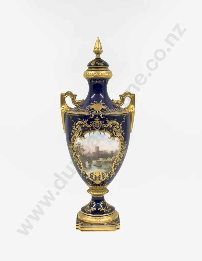 Signed Coalport Cobalt Blue & Gilt Decorated Lidded Urn "Warwick Castle" Image 1++