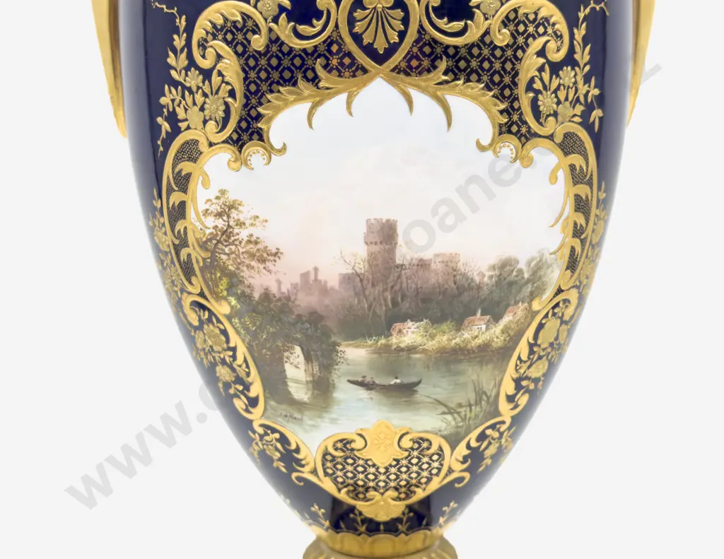 Signed Coalport Cobalt Blue & Gilt Decorated Lidded Urn "Warwick Castle" Image 1++