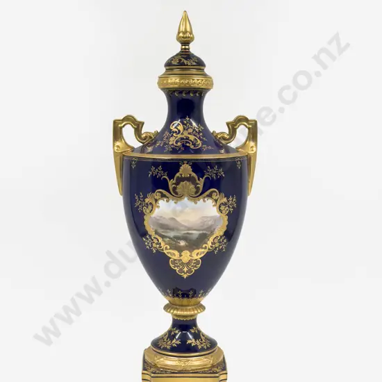 Signed Coalport Cobalt Blue & Gilt Decorated Lidded Urn "Warwick Castle"