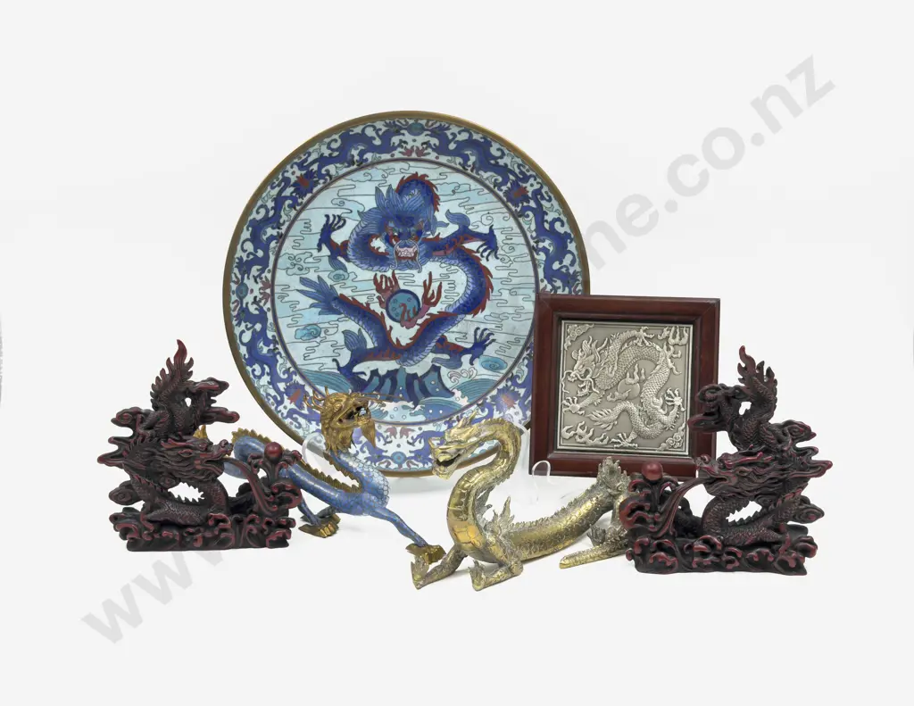 Qty of Assorted Dragon Ornaments on Cloisonne Plate Image 1++
