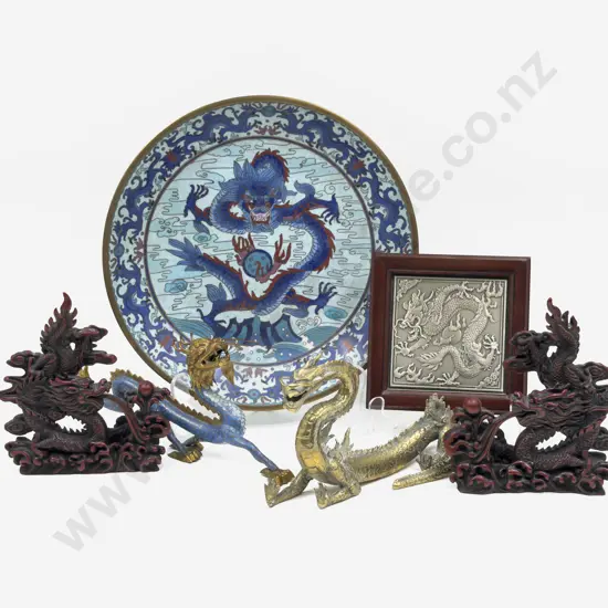 Qty of Assorted Dragon Ornaments on Cloisonne Plate