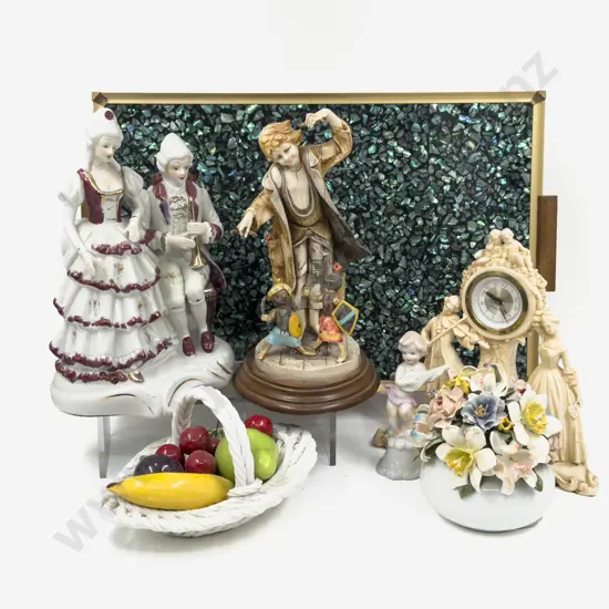 Qty of Assorted Fancy China Figures & Ornaments on NZ Paua Tray