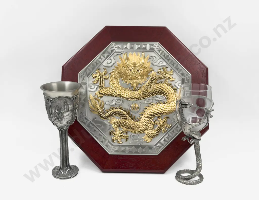 Dragon Decorated Table Plaque & Two Dragon Decorated Goblets Image 1++