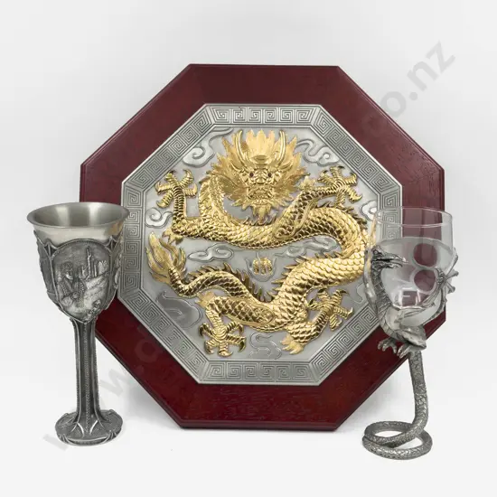Dragon Decorated Table Plaque & Two Dragon Decorated Goblets