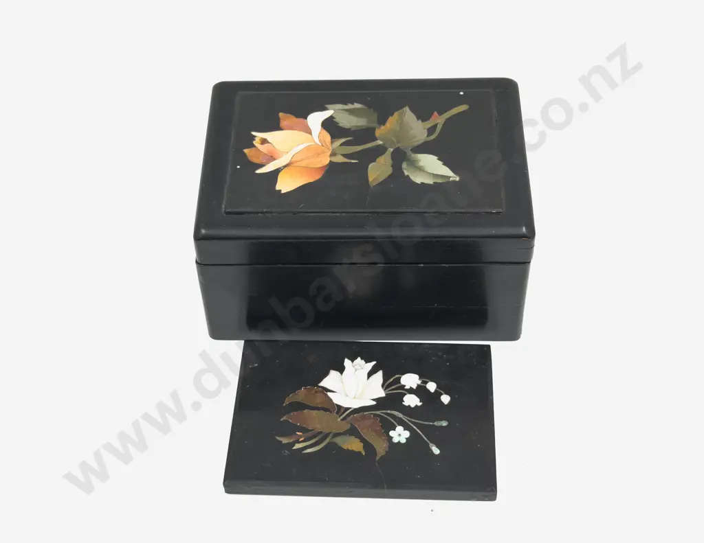 Petra Dura Topped Ebonised Jewellery Box together with Petra Dura Marble Tile Image 1++