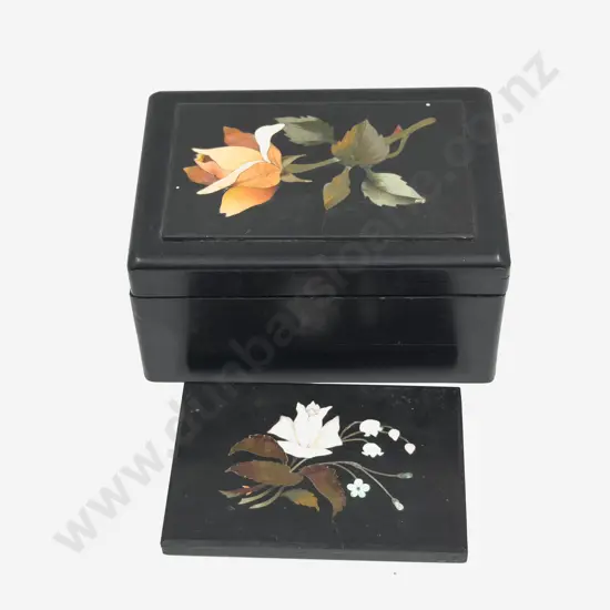 Petra Dura Topped Ebonised Jewellery Box together with Petra Dura Marble Tile