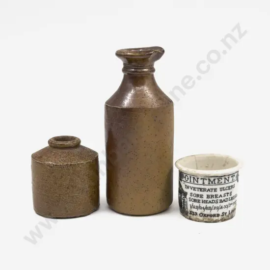 Vict Ointment Pot together with Two Small Stoneware Bottles
