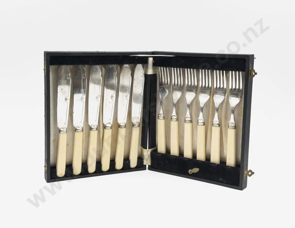 Cased Set of Bone Handled Fish Knives & Forks Image 1++