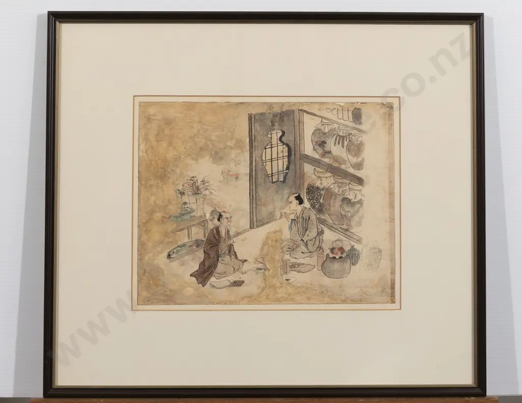 C18th Japanese Watercolour Depicting Men Drinking Tea (A/F) Image 1++