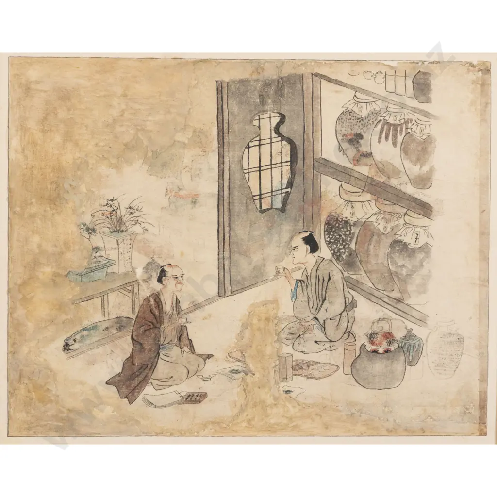 C18th Japanese Watercolour Depicting Men Drinking Tea (A/F) Image 1++